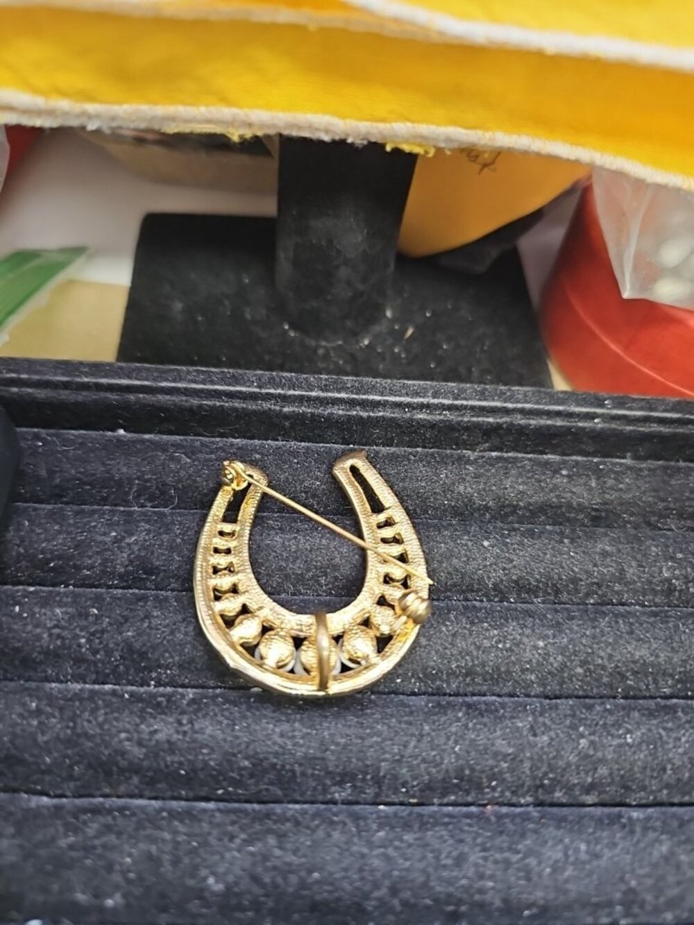 Brooch/ Pin/pendant Goldtone Horseshoe A.B. R&clear Rhinestones 1 3/4"inches - Picture 7 of 8